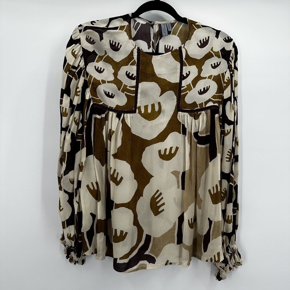 Blank London Blouse Womens XS Brown White Floral Long Sleeve Boho Top Neutral - Picture 2 of 14